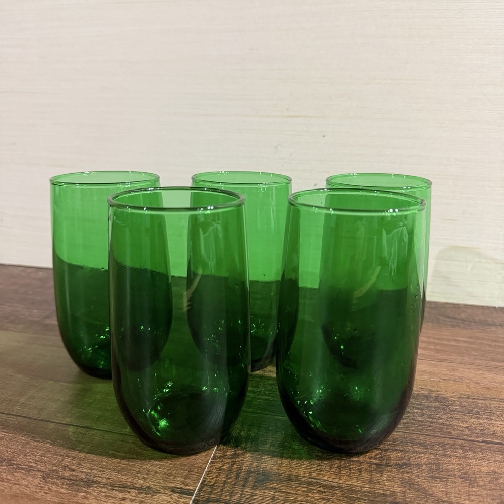 5 Vtg Anchor Hocking Forest Green Smooth Flat 9oz Beverage Tumbler Glass 4.75"